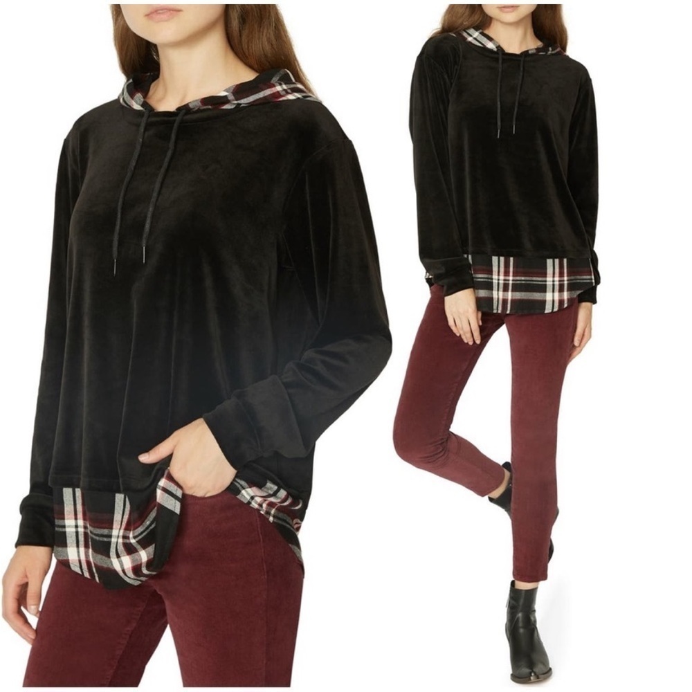 Sanctuary | Layered Hooded Sweatshirt Black Plaid Long Velvet Women’s Size Small